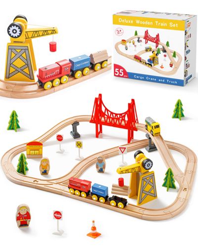 Tiny Land Working Crane 55-Piece Wooden Track Trains Set