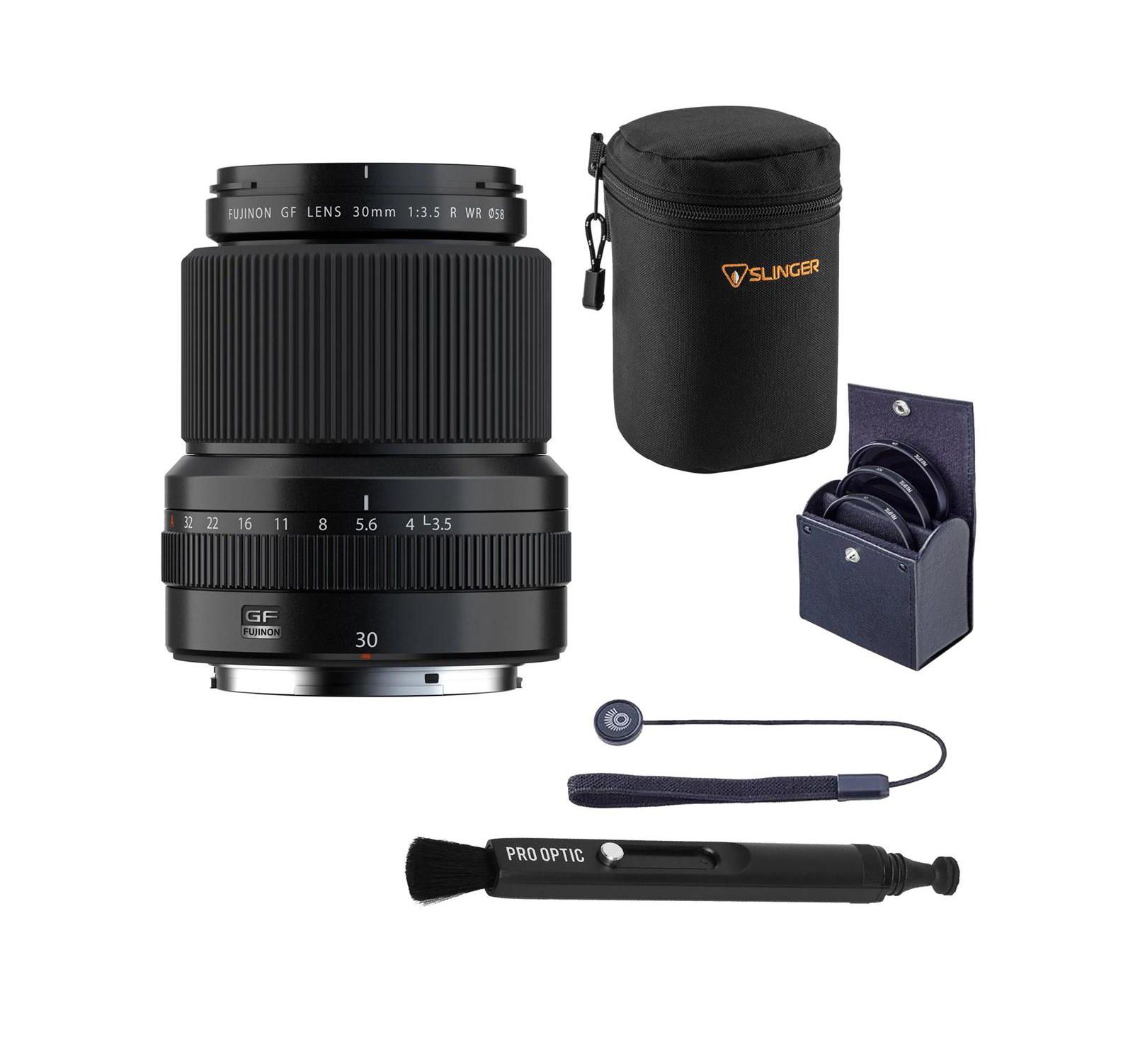 Fujifilm GF 30mm f/4 R LM WR Lens Bundle с чехлом, набором фильтров 58mm, колпачком и набором для чистки