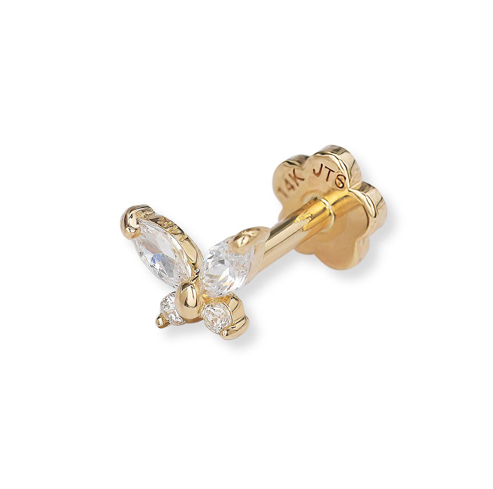 Curata Jewelry Solid 14k Yellow Gold Marquise Cubic Zirconia Butterfly Cartilage Labret Flat-back Piercing