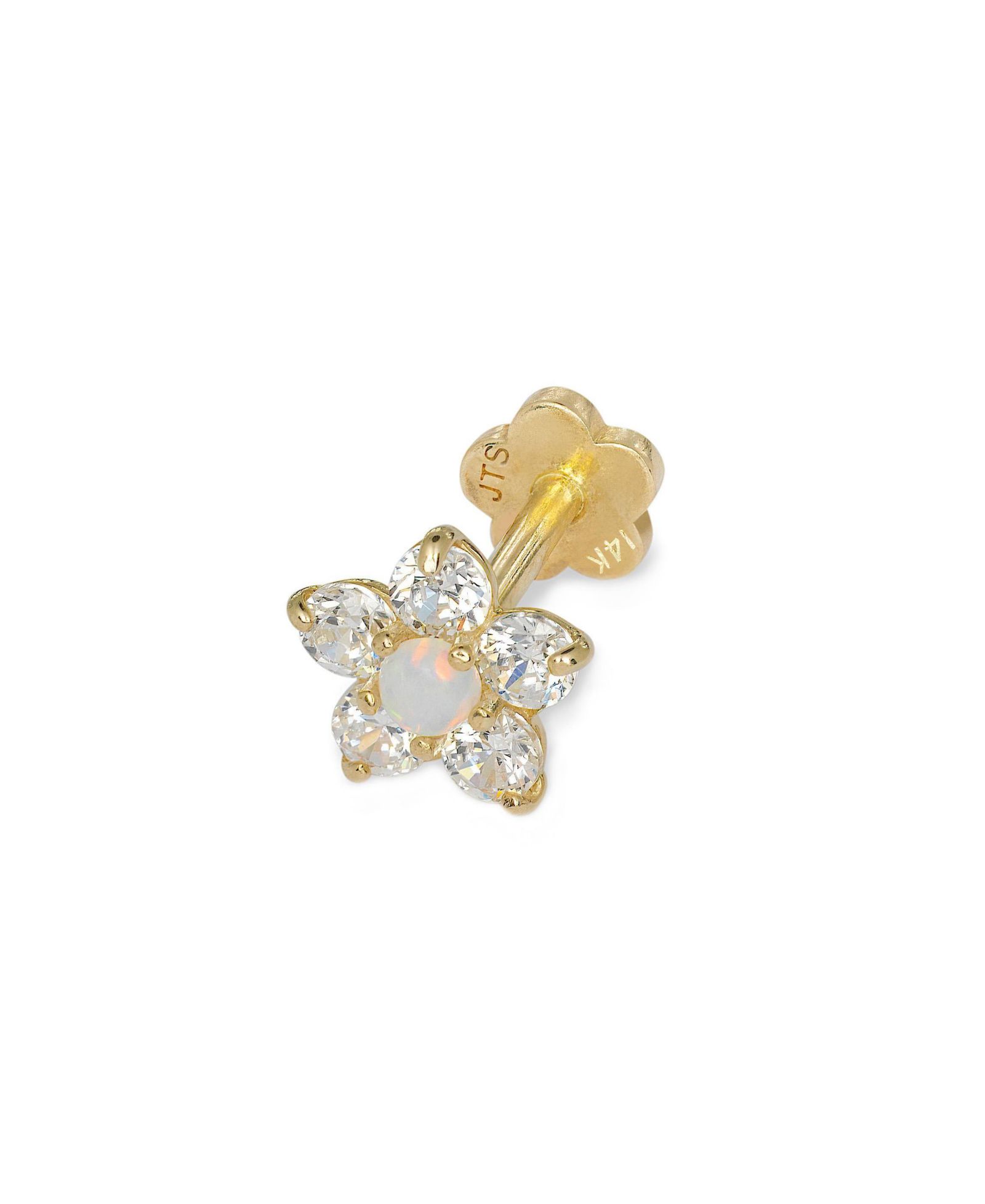 Серьга-лабрет Curata Jewelry с цветком из золота 14k желтого, цирконием и опалом, 5mm, 18G