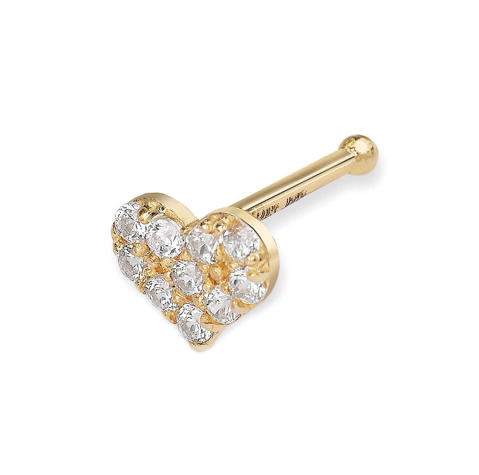 Curata Jewelry Solid 14k Yellow Gold 20G 5mm Cubic Zirconia Heart Nose Stud Ring