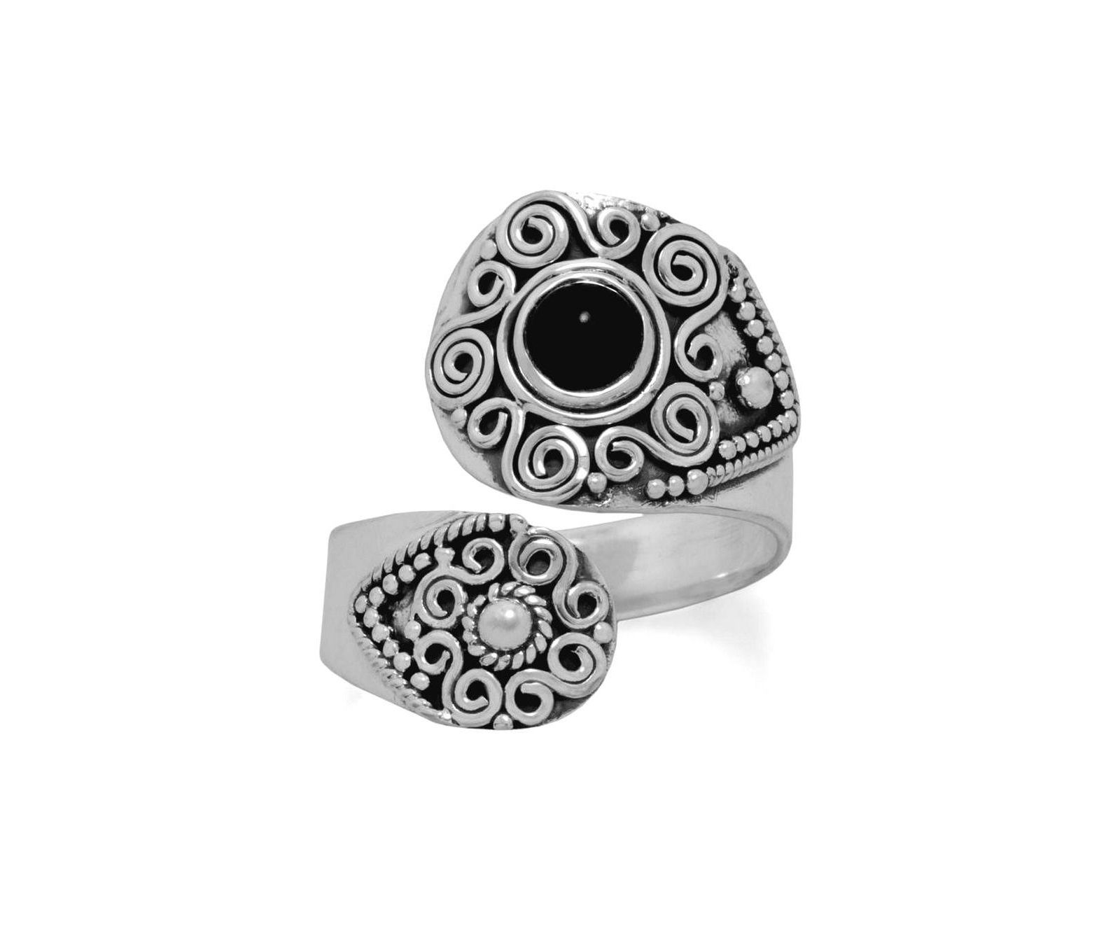 Curata Jewelry 925 Sterling Silver Oxidized Black Simulated Onyx Adjustable Wrap Spoon