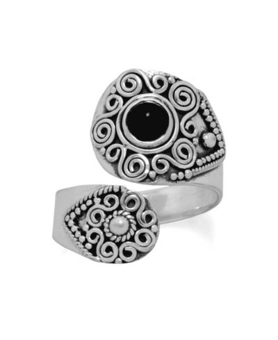 Curata Jewelry 925 Sterling Silver Oxidized Black Simulated Onyx Adjustable Wrap Spoon