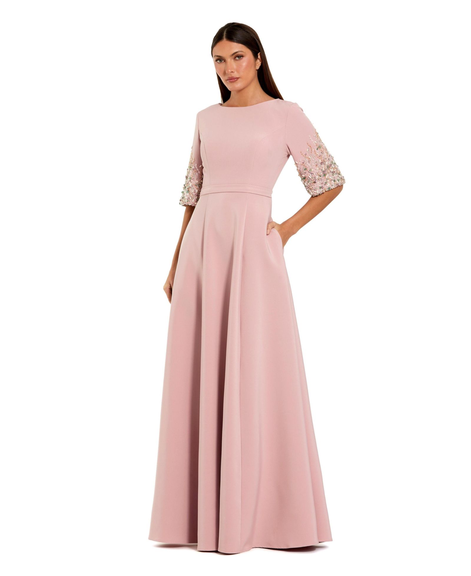 Платье Mac Duggal Women's 3/4 Sleeve Crepe Gown With Sleeve Embellishments