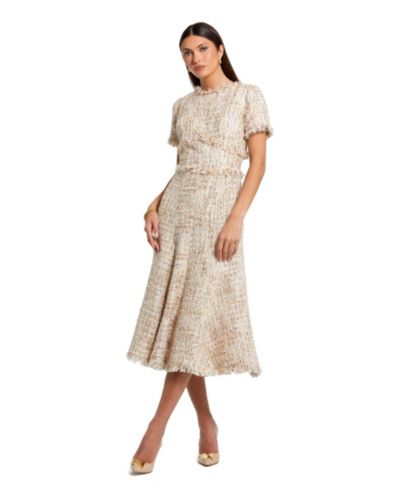 Mac Duggal Petite Boucle Short Sleeve A Line Midi Dress
