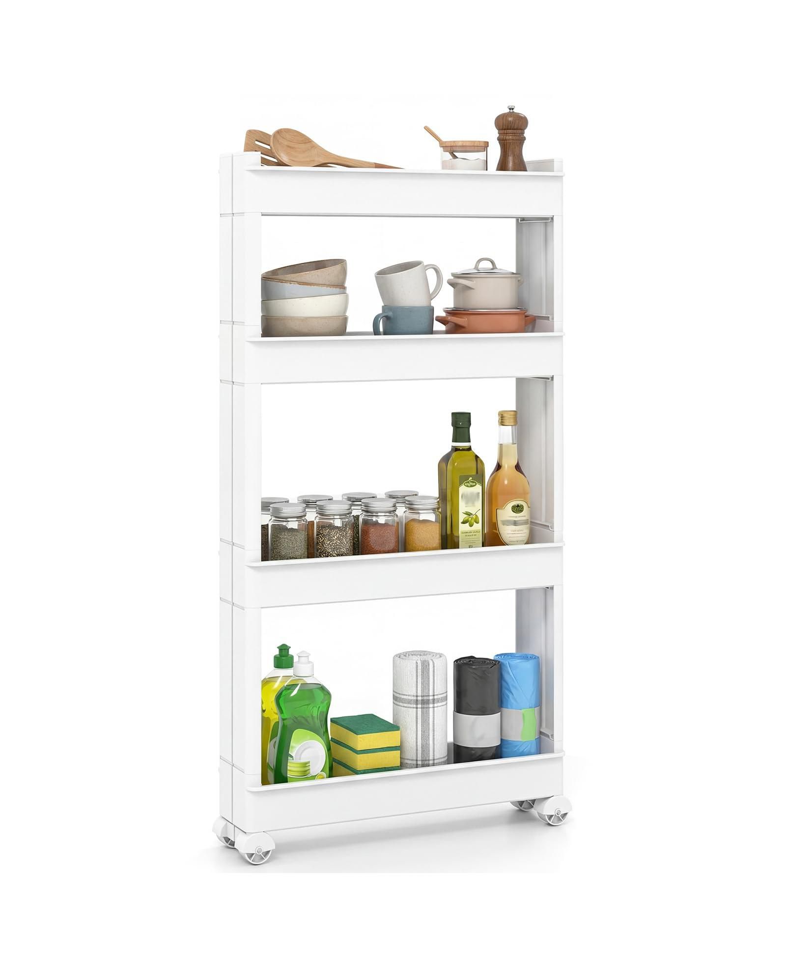 Volenca 4-Tier Slim Storage Trolley with Detachable Trays, Multifunction Rolling Organizer