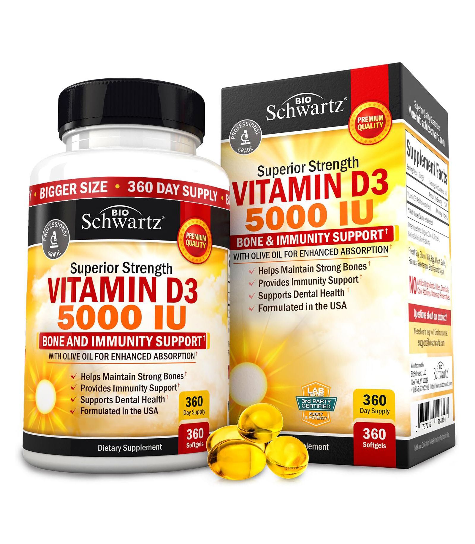 BioSchwartz Витамин D3 5000 IU (125 mcg, добавка для поддержки иммунитета, прочности костей и мышц), 360 мягких капсул