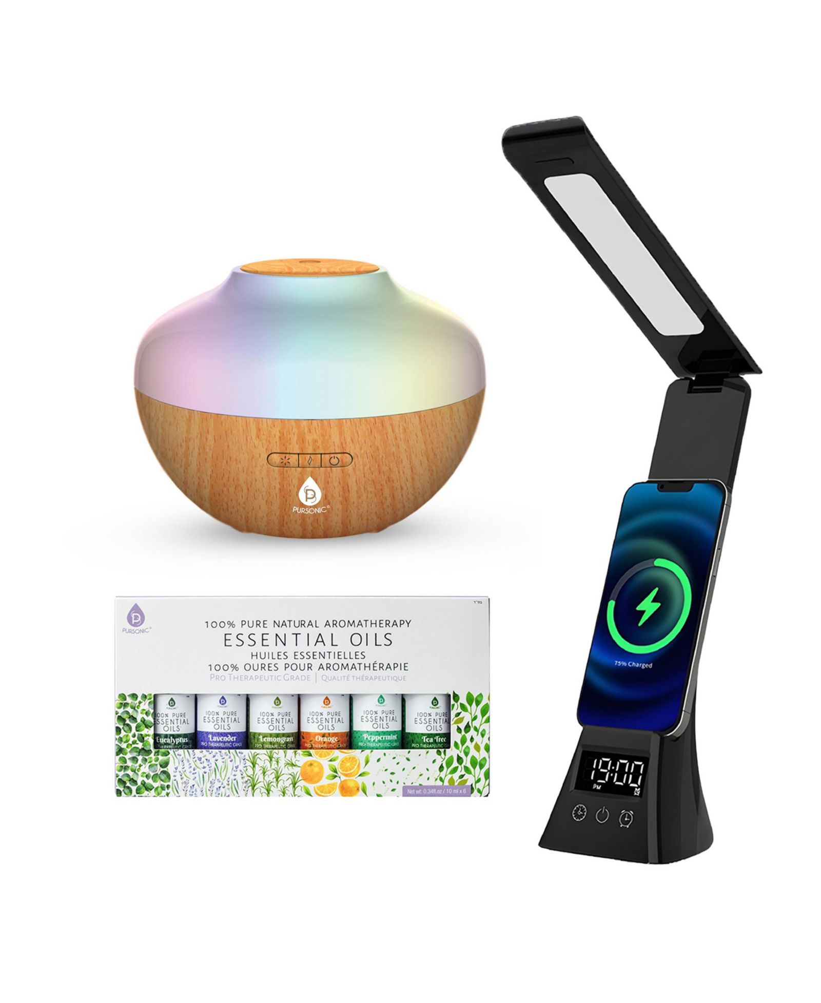 Набор PURSONIC Workstation Wellness Bundle – Диффузор, 6 масел и 3-в-1 LED настольная лампа