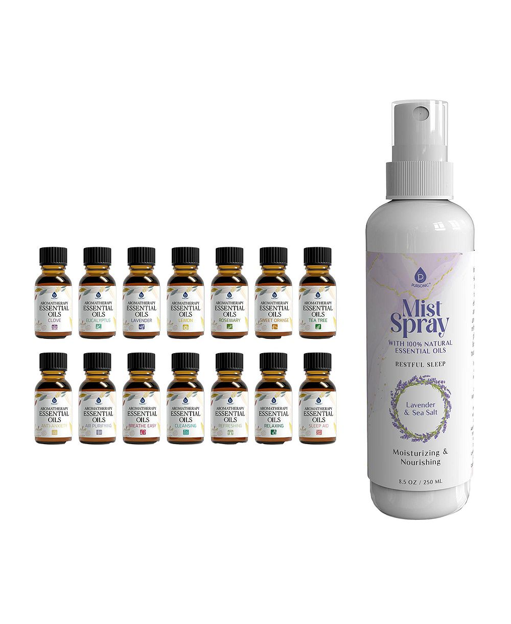 Спрей-мист PURSONIC Lavender & Sea Salt + набор эфирных масел из 14 штук для ароматерапии и велнеса