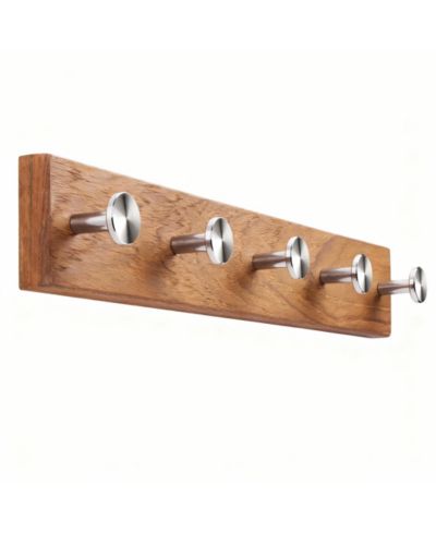 YIGII Teak Wood 5-Hook Wall Rack, Stainless Steel Hooks, 6kg Load, Easy Install