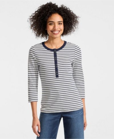 Lands' End Women's 3/4 Sleeve Polished Rib Henley Top