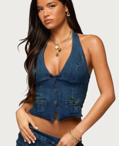 Edikted Women's Sashe Button Up Denim Halter Top