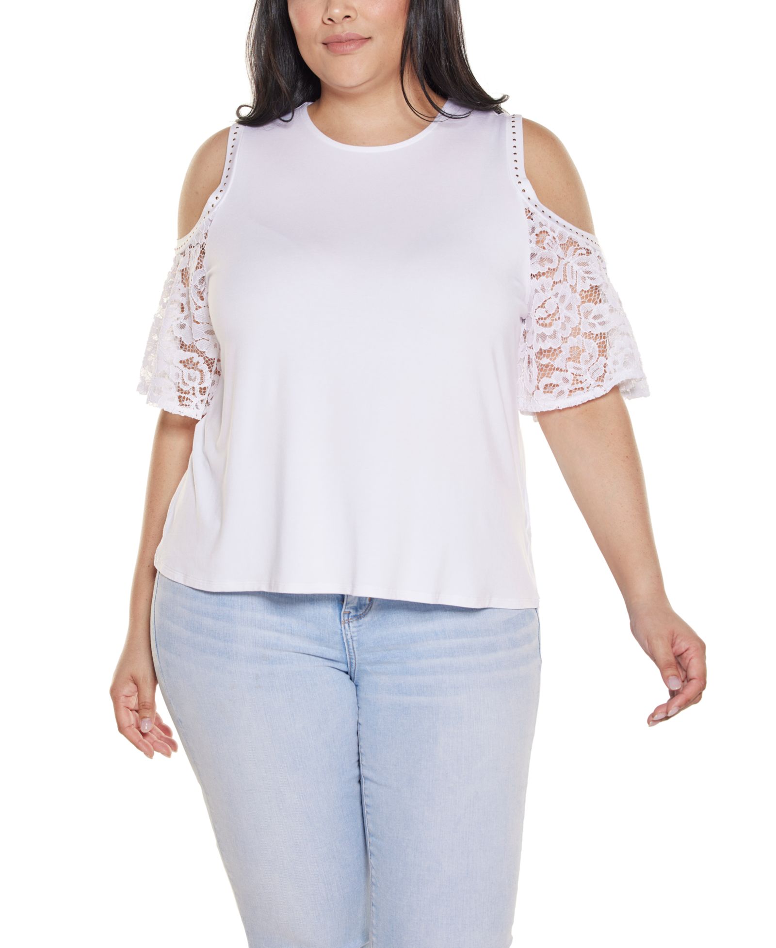 Belldini Plus Crochet Lace Cold Shoulder Top