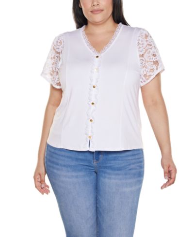 Belldini Plus Crochet Lace Sleeve V-Neck Top