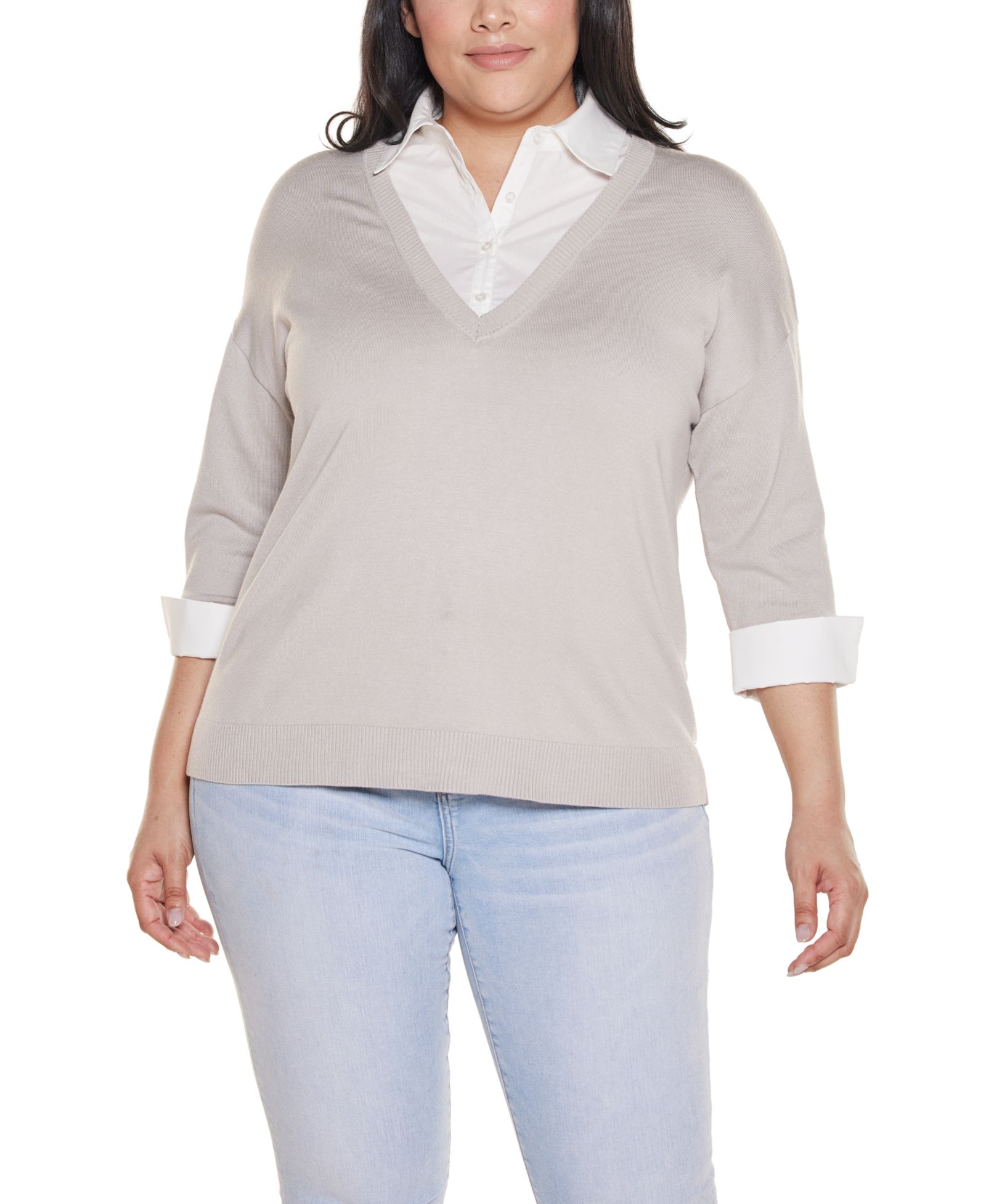 Belldini Plus Size Woven-Collar Twofer Sweater