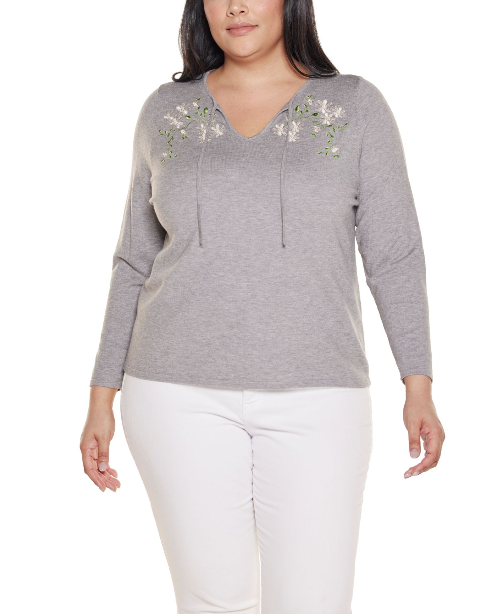 Belldini Plus Size Embroidered-Flower Split-Neck Sweater