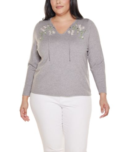 Belldini Plus Size Embroidered-Flower Split-Neck Sweater