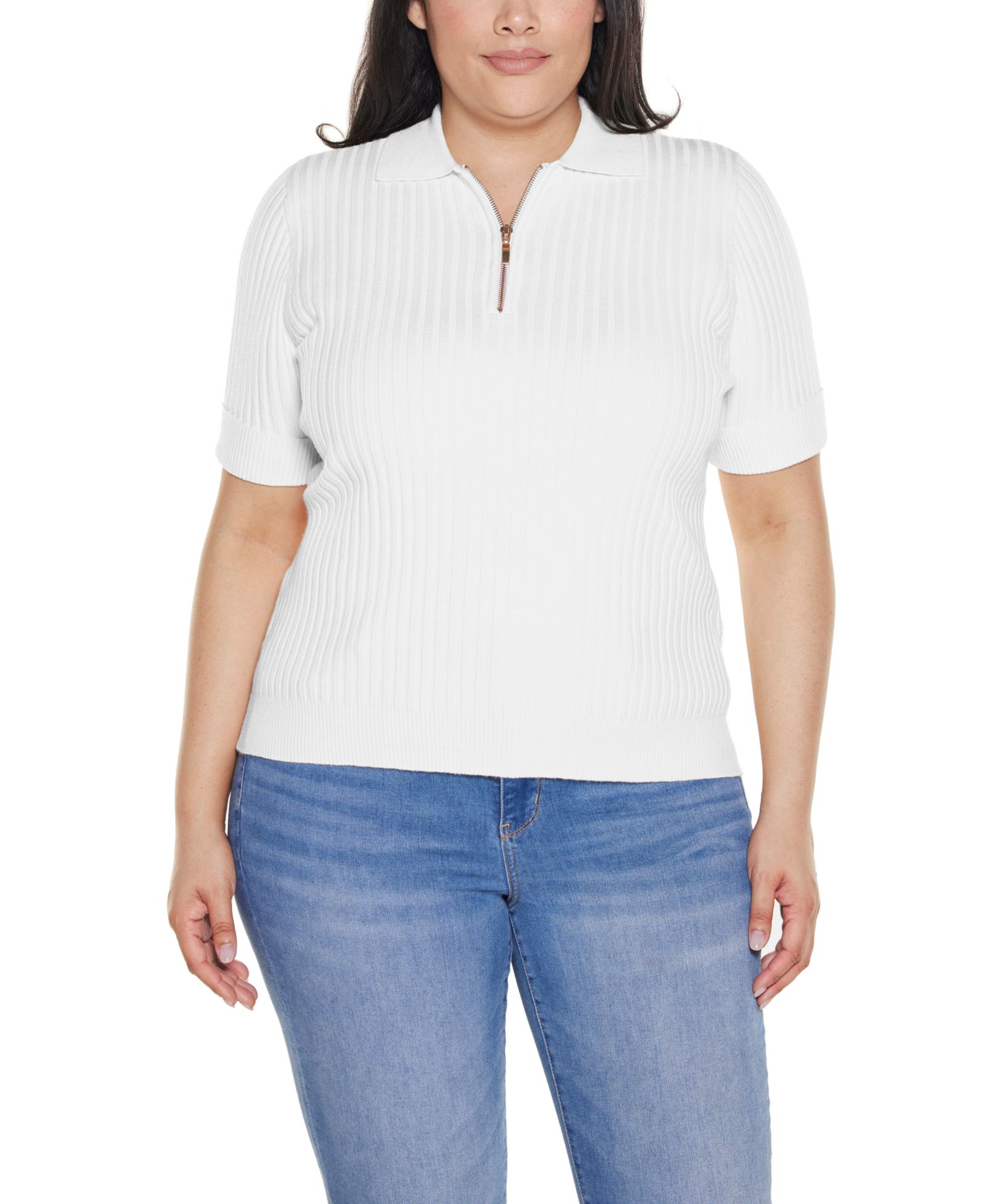 Belldini Plus Size Collared Quarter-Zip Ribbed-Knit Sweater