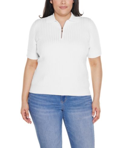 Belldini Plus Size Collared Quarter-Zip Ribbed-Knit Sweater