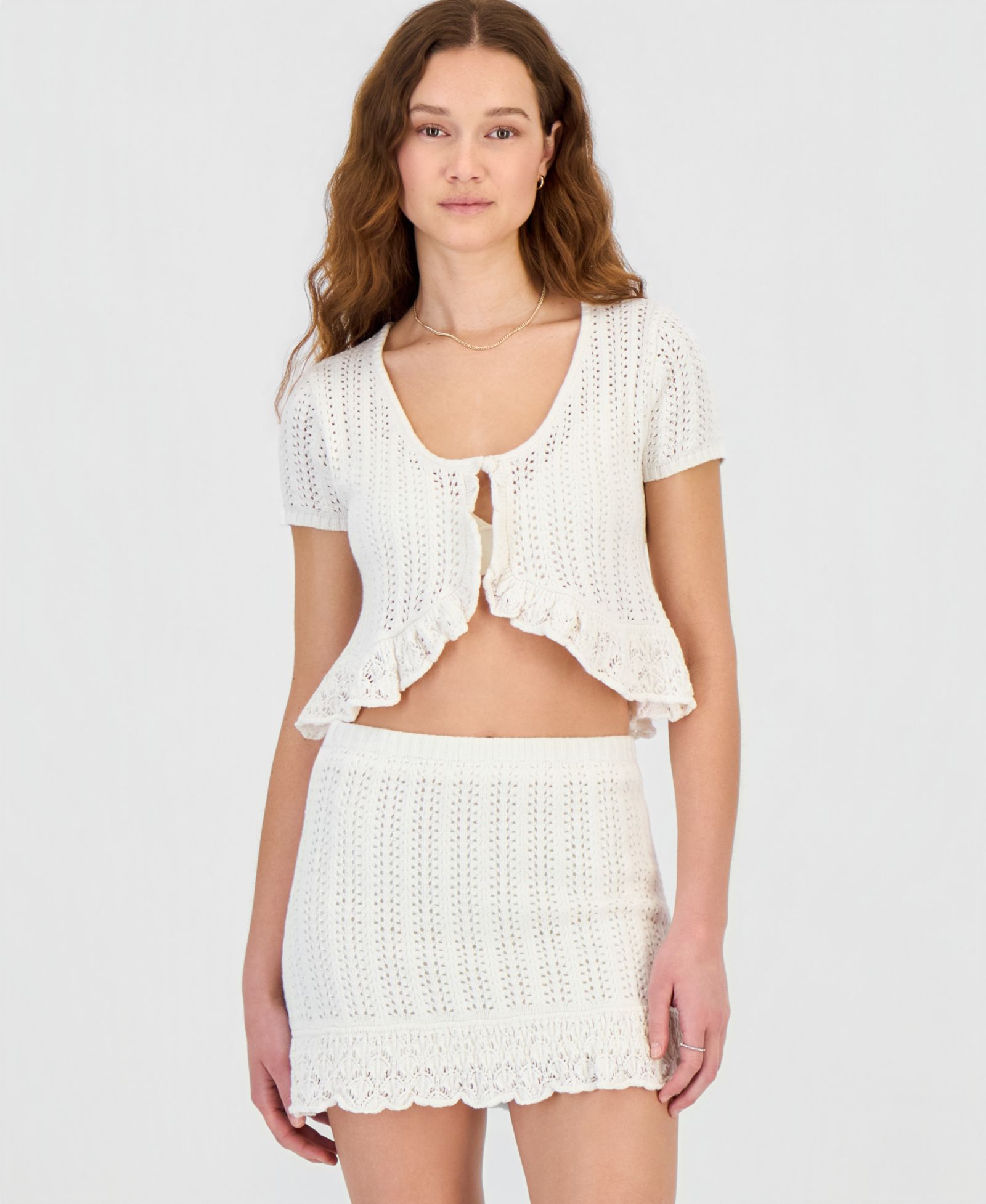 Ultra Flirt Juniors' Crochet Ruffled-Trim Cardigan