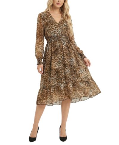 NY Collection Petite Long-Sleeve Clip Dot Chiffon Dress With Smocked Waist and Cuffs