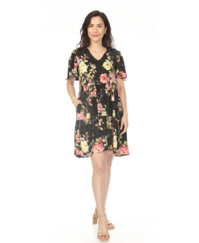 White Mark Women's V-Neck Tropical Flower Short-Sleeve Dress