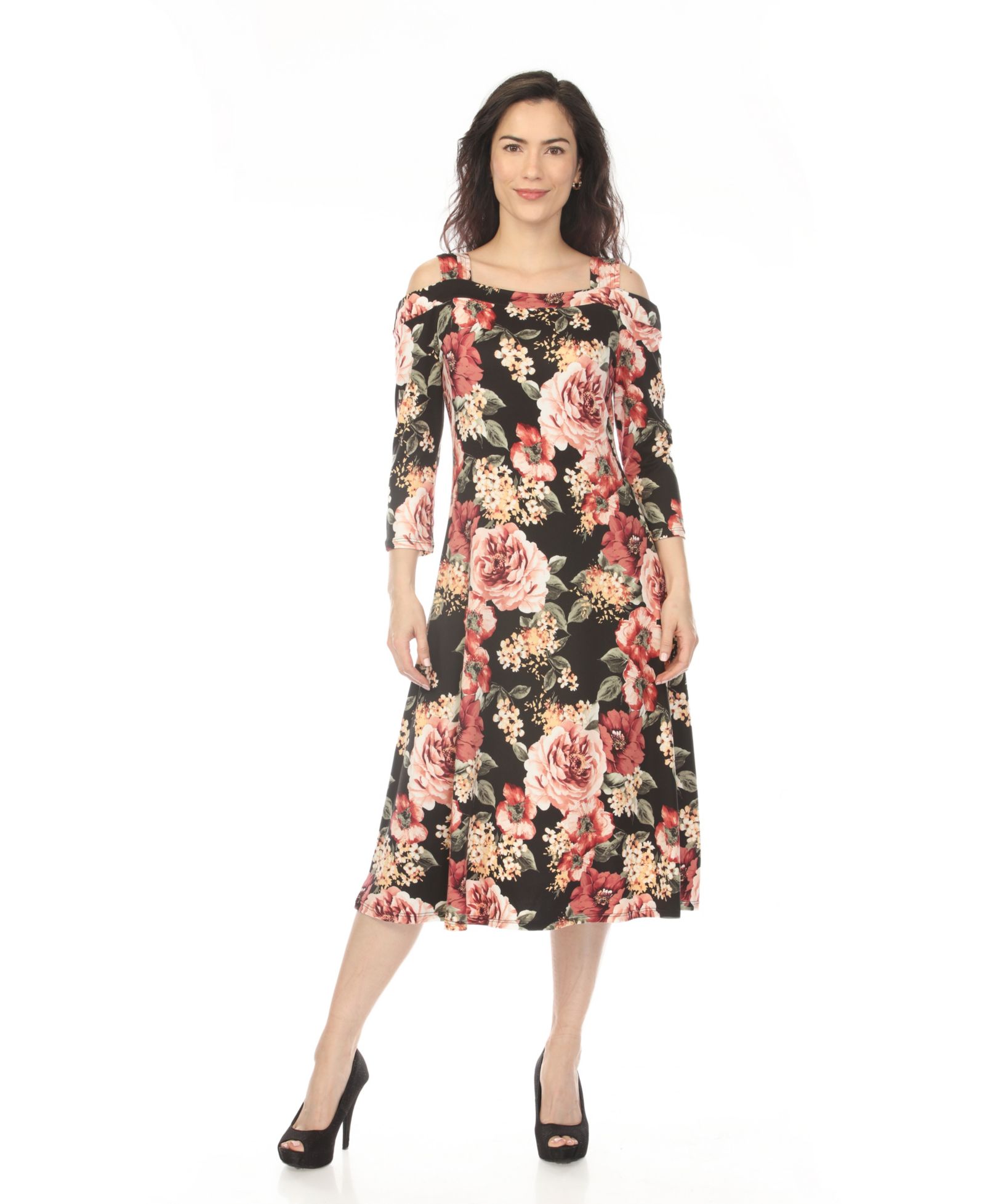 White Mark Women's Cold Shoulder 3/4 Sleeve Dress