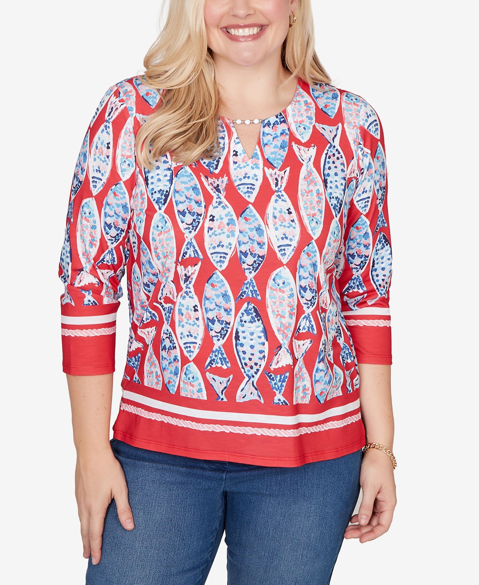 Топ Alfred Dunner Women's Port Side Mosaic Fish Split Beaded Neck