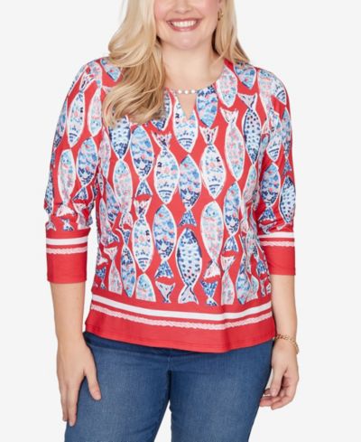 Alfred Dunner Women's Port Side Mosaic Fish Split Beaded Neck Top
