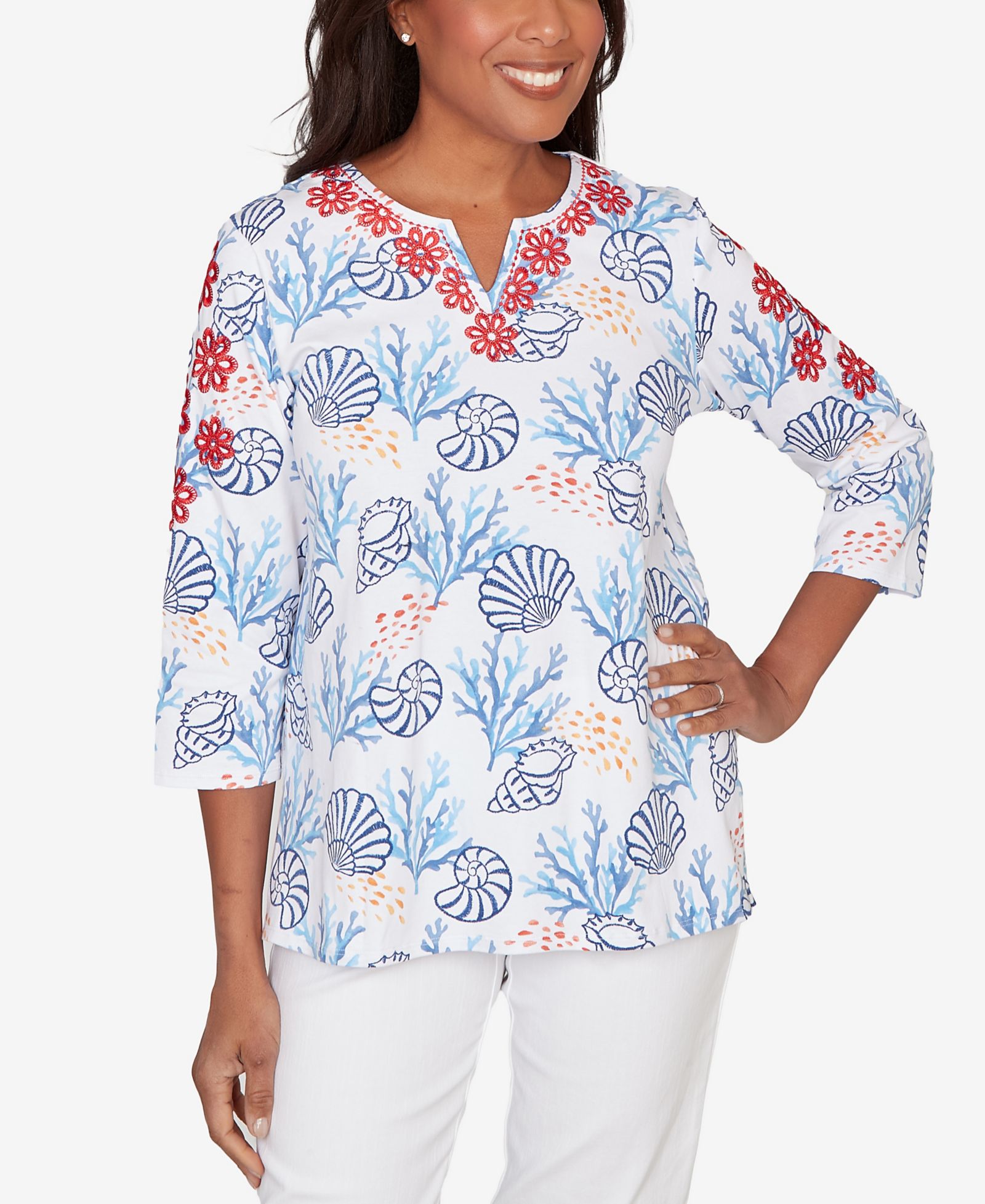 Alfred Dunner Women's Port Side Shell Print Embroidered Top