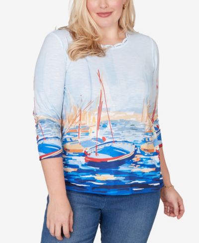 Alfred Dunner Women's Port Side Harbor Scene Printed Top