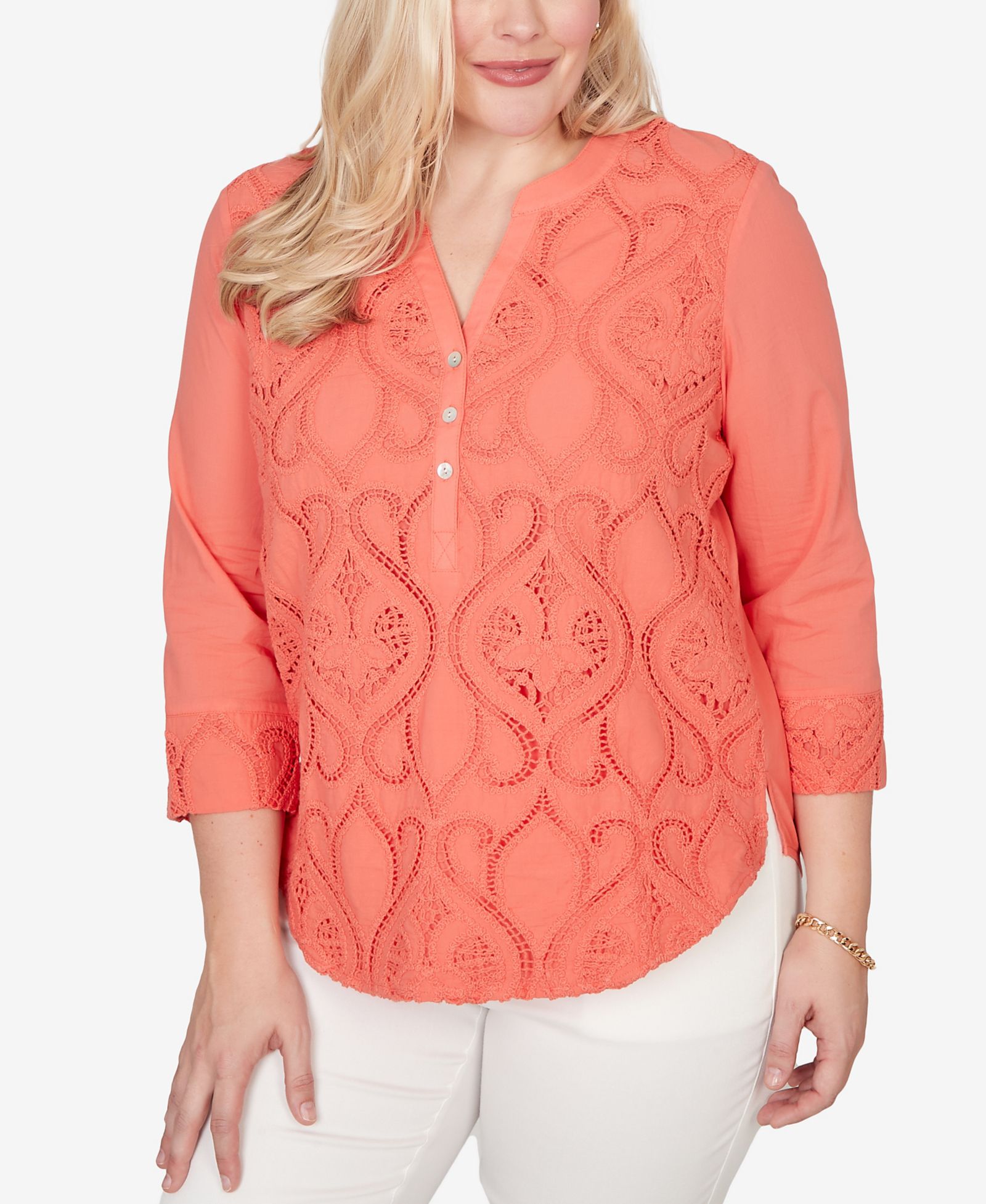 Alfred Dunner Women's Resort Living Textured Lace Scroll Henley Top