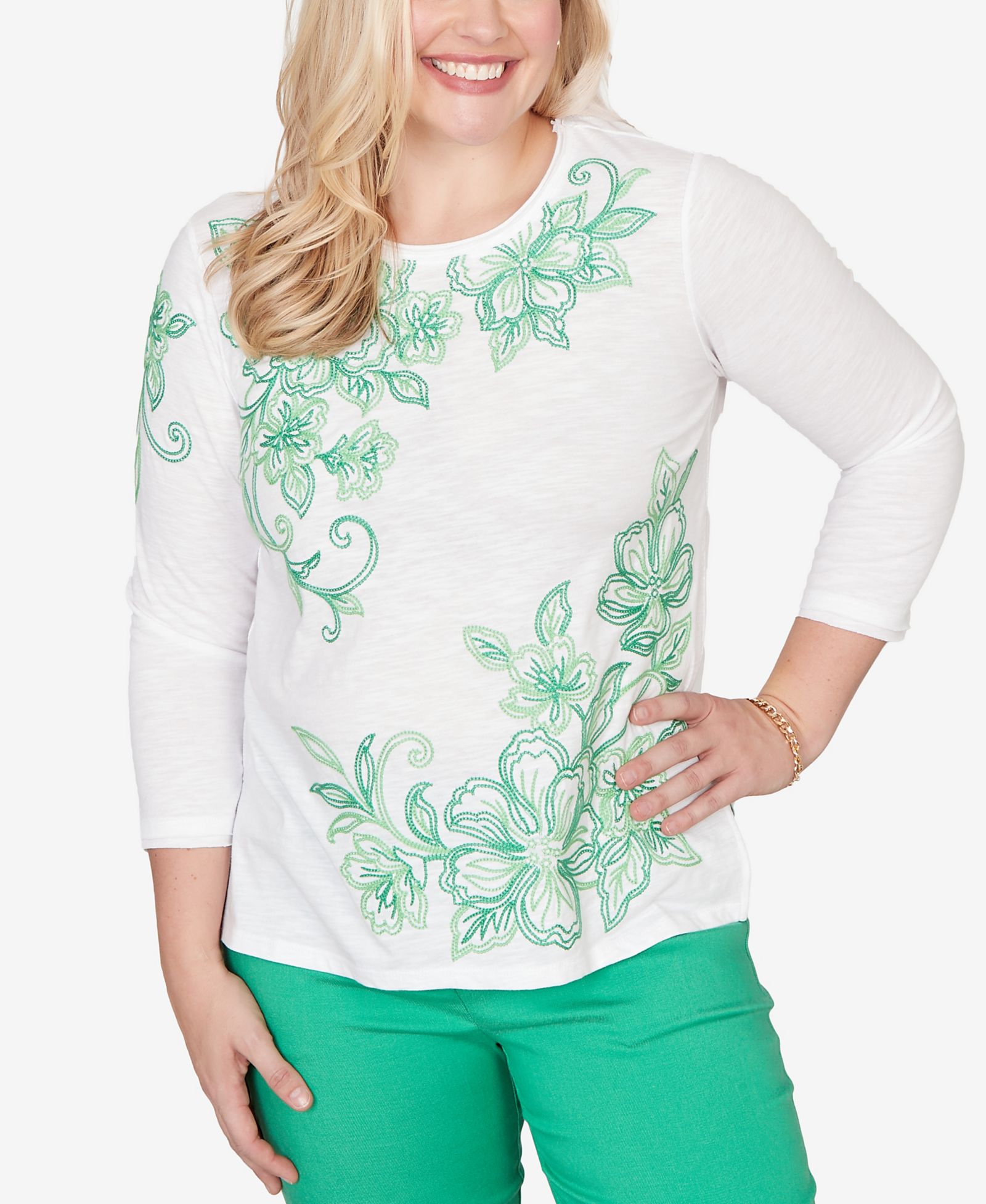 Alfred Dunner Women's Resort Living Tropical Flower Embroidered Top