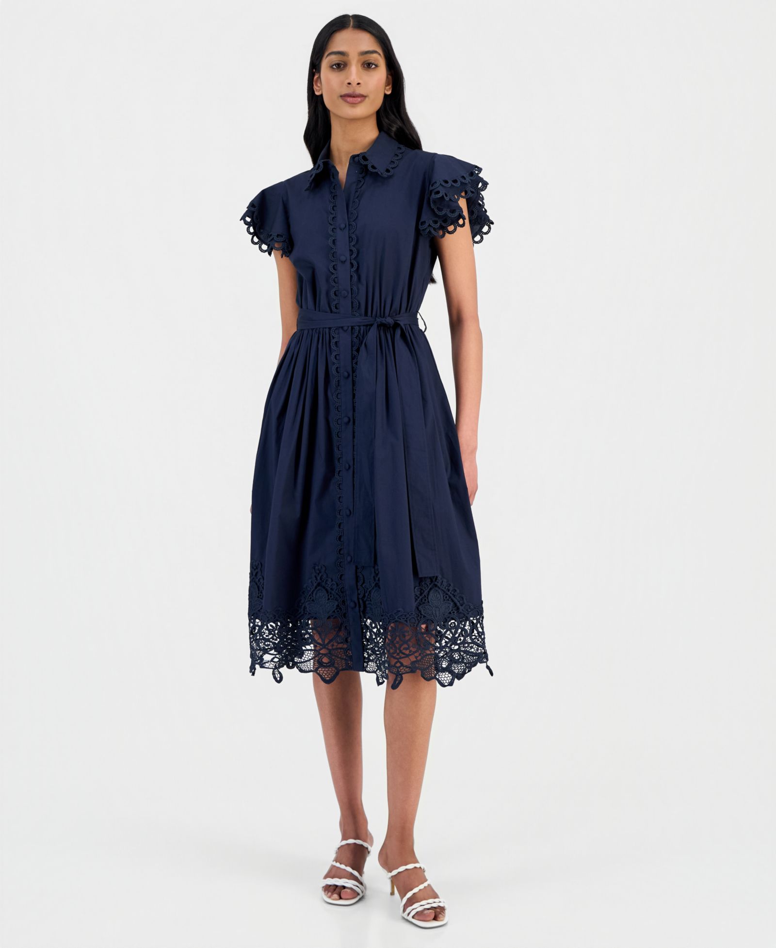 Женское платье T Tahari Women's Lace-Trim Flutter-Sleeve Shirtdress