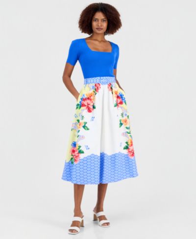 T Tahari Women's Printed Belted Pull-On Midi Skirt