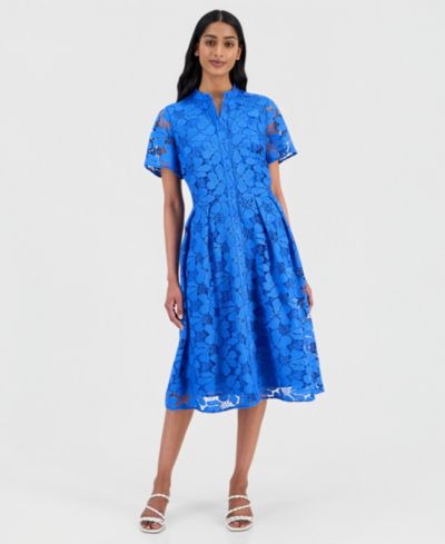 T Tahari Women's Lace Button-Front Short-Sleeve Dress