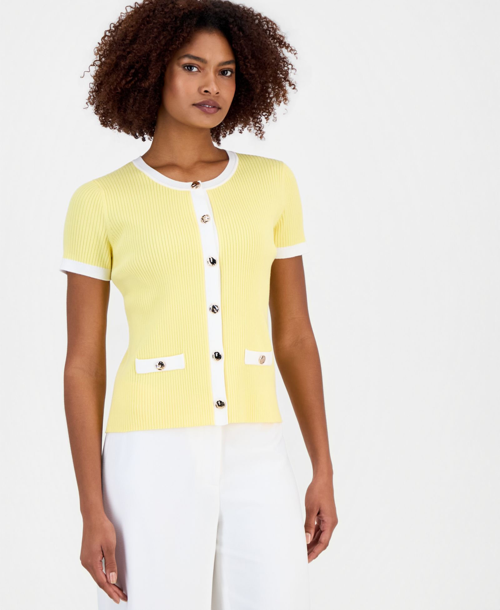 T Tahari Women's Ribbed Short-Sleeve Cardigan Sweater