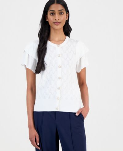 T Tahari Women's Pointelle Flutter-Sleeve Cardigan Sweater