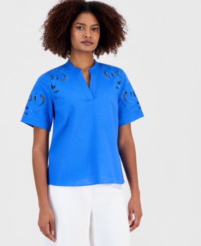 T Tahari Women's Embroidered Short-Sleeve Top