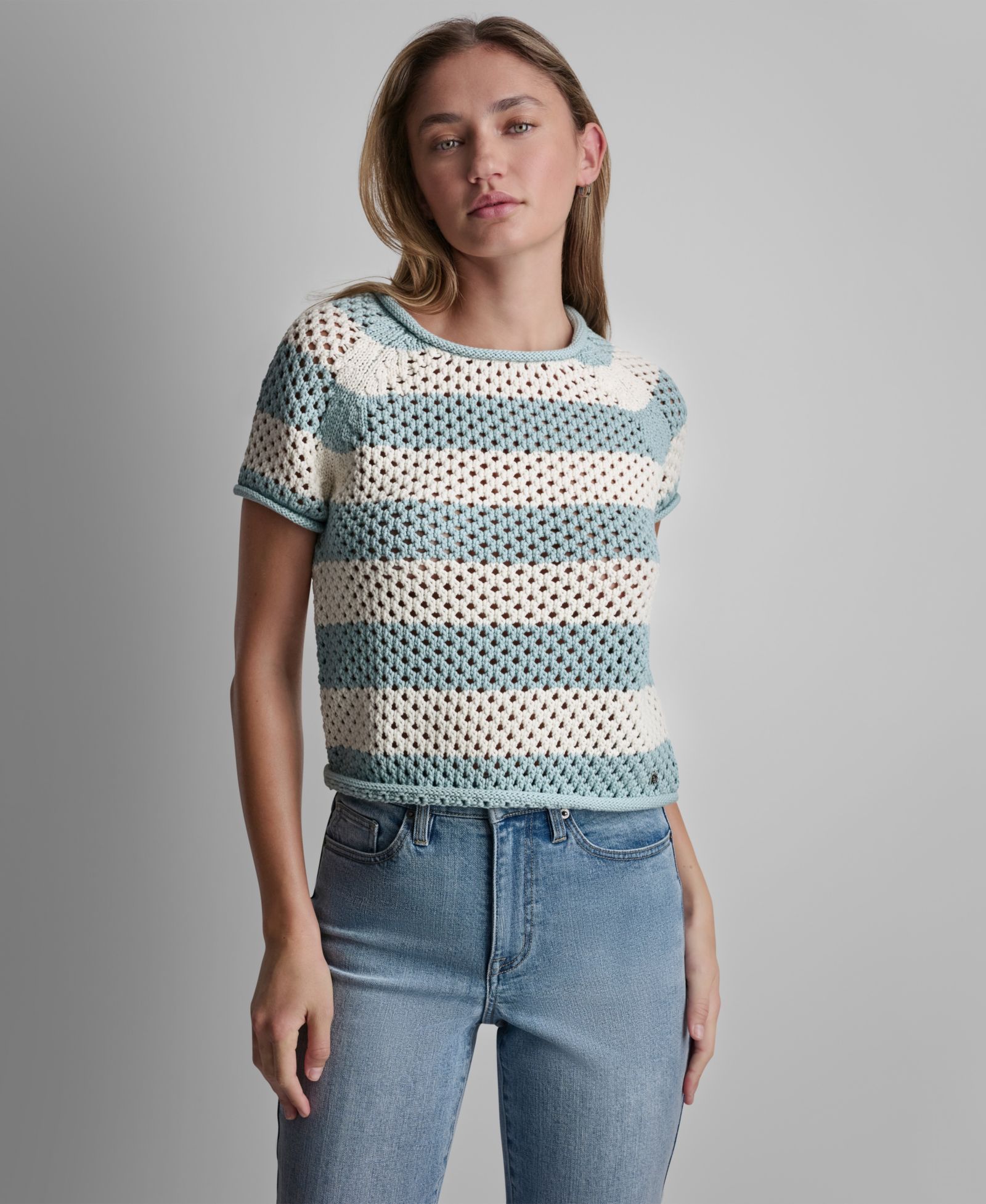 DKNY Jeans Petite Short-Sleeve Raglan Stripe Crewneck Pointelle Sweater