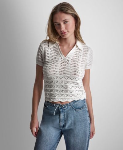 DKNY Jeans Petite Short-Sleeve V-Neck Polo Pointelle Sweater