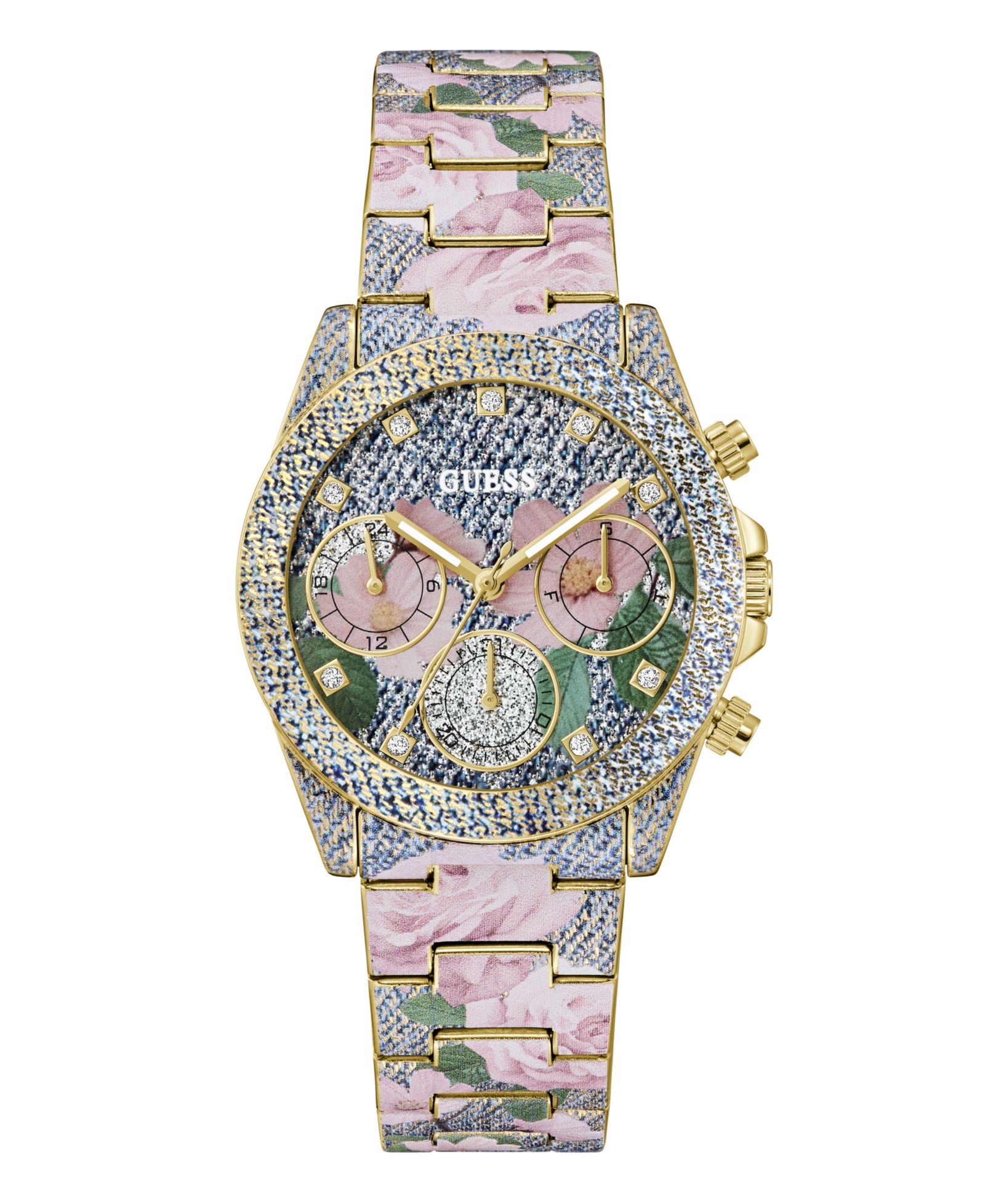 GUESS Women's Floral Print Stainless Steel Multi-Function Watch, 38mm