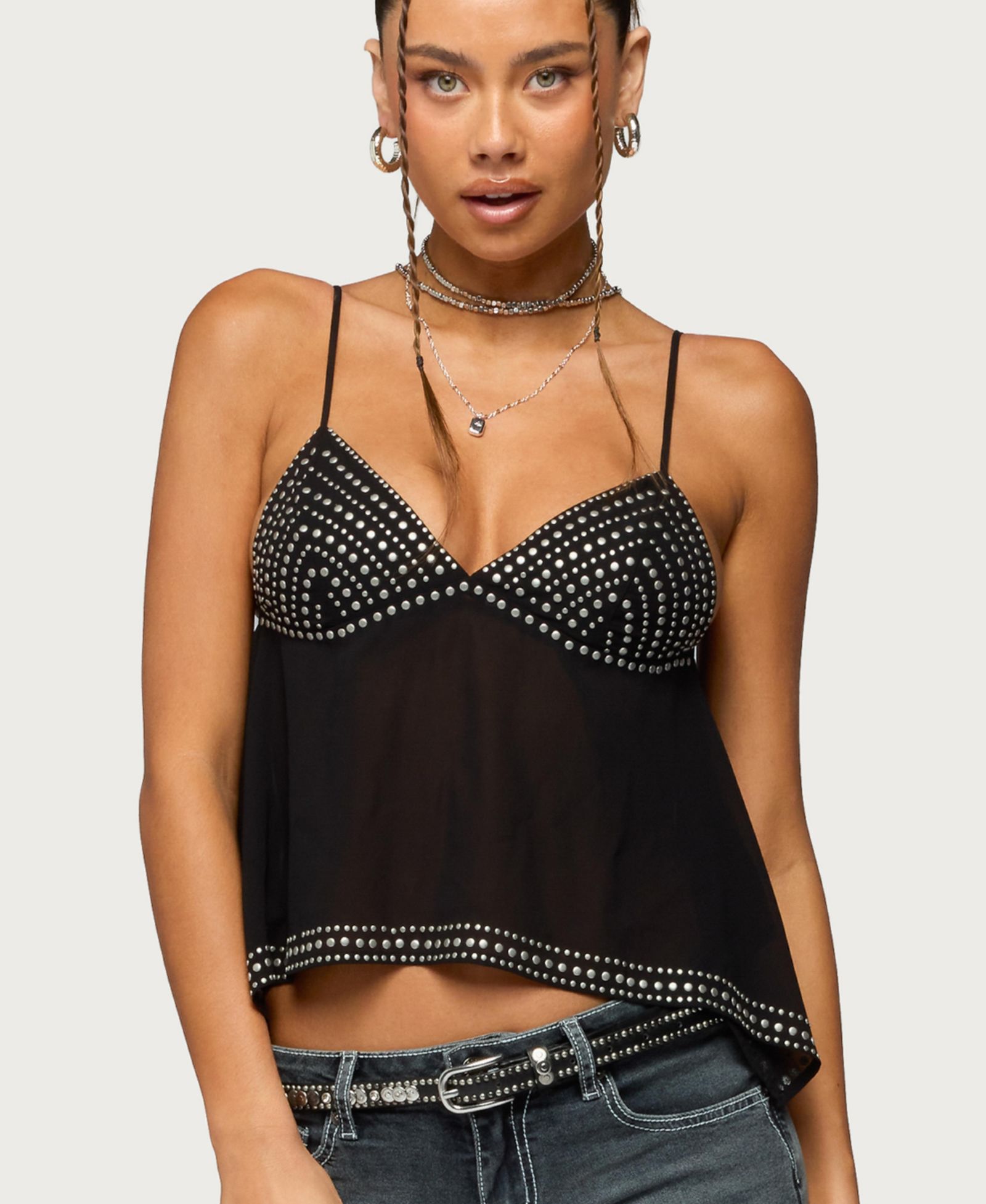 Edikted Women's Studded Asymmetric Sheer Babydoll Top