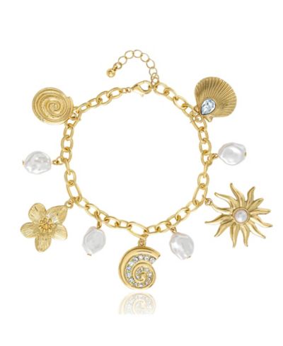Jessica Simpson Gold-Tone Celestial Charm Bracelet with Imitation Pearls, Adjustable