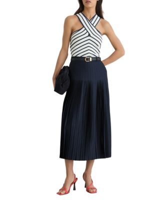REISS Women's Savannah Satin Pleated Slit Midi Skirt
