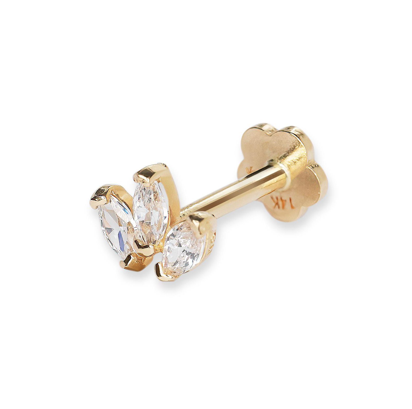 Curata Jewelry  Solid 14k Yellow Gold 18G Marquise Cubic Zirconia Lotus Flower Cartilage Labret Flat-back Piercing