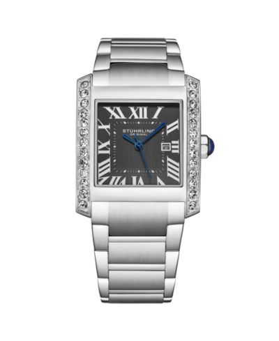 Stuhrling Elan Women s Rectangular Quartz Watch, Black Dial, Silver-Tone Stainless Steel Bracelet, Roman Numeral Dial and Date