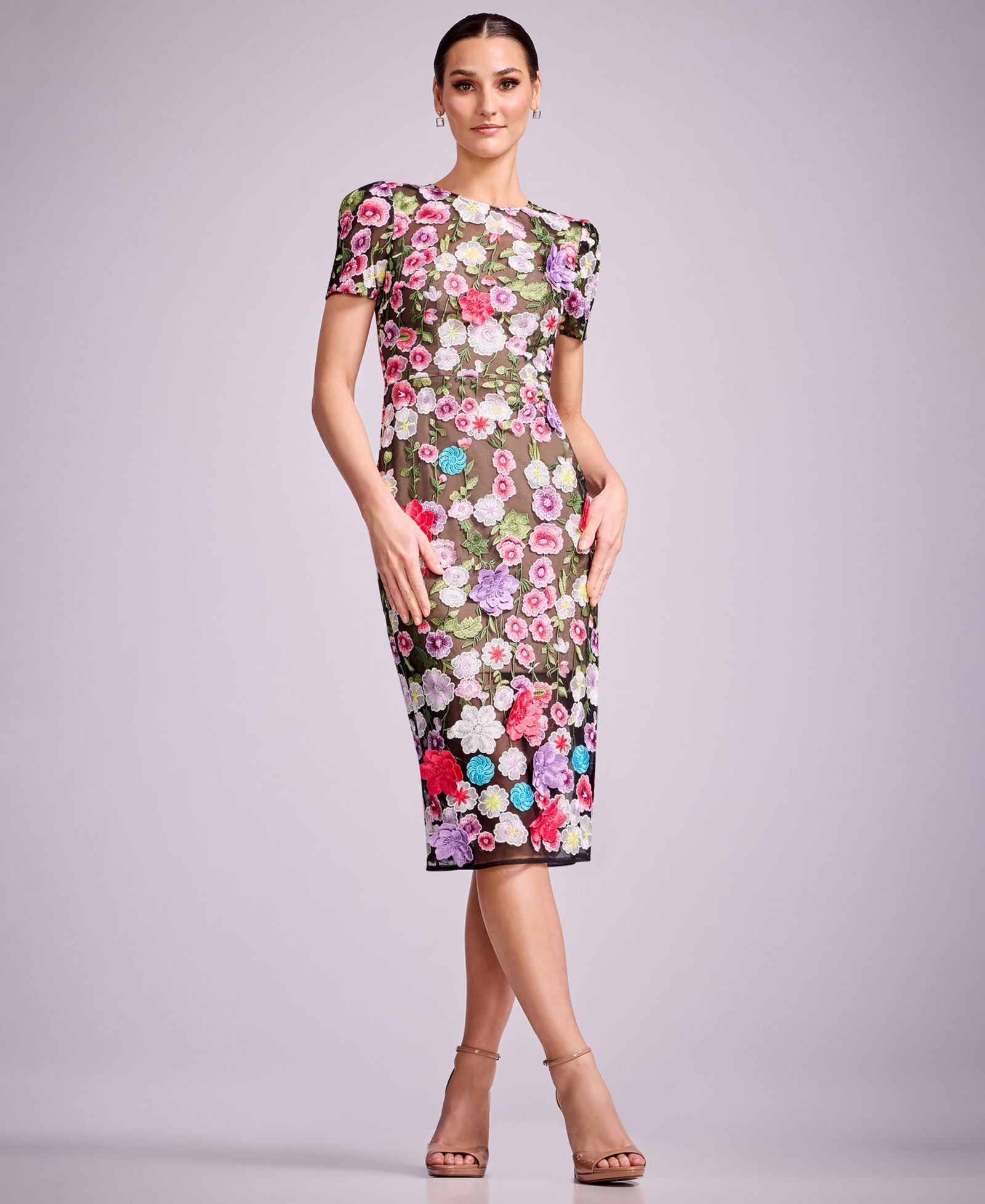 Dress the Population Женское облегающее миди платье с пышными короткими рукавами
