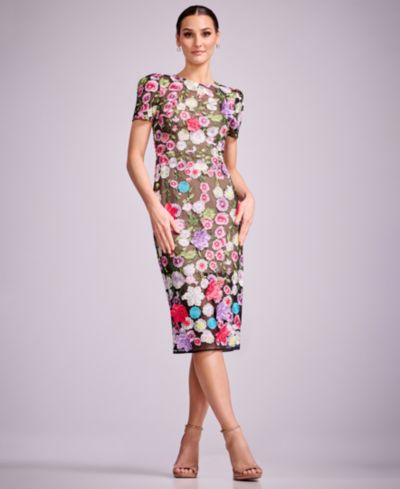 Dress the Population Женское облегающее миди платье с пышными короткими рукавами
