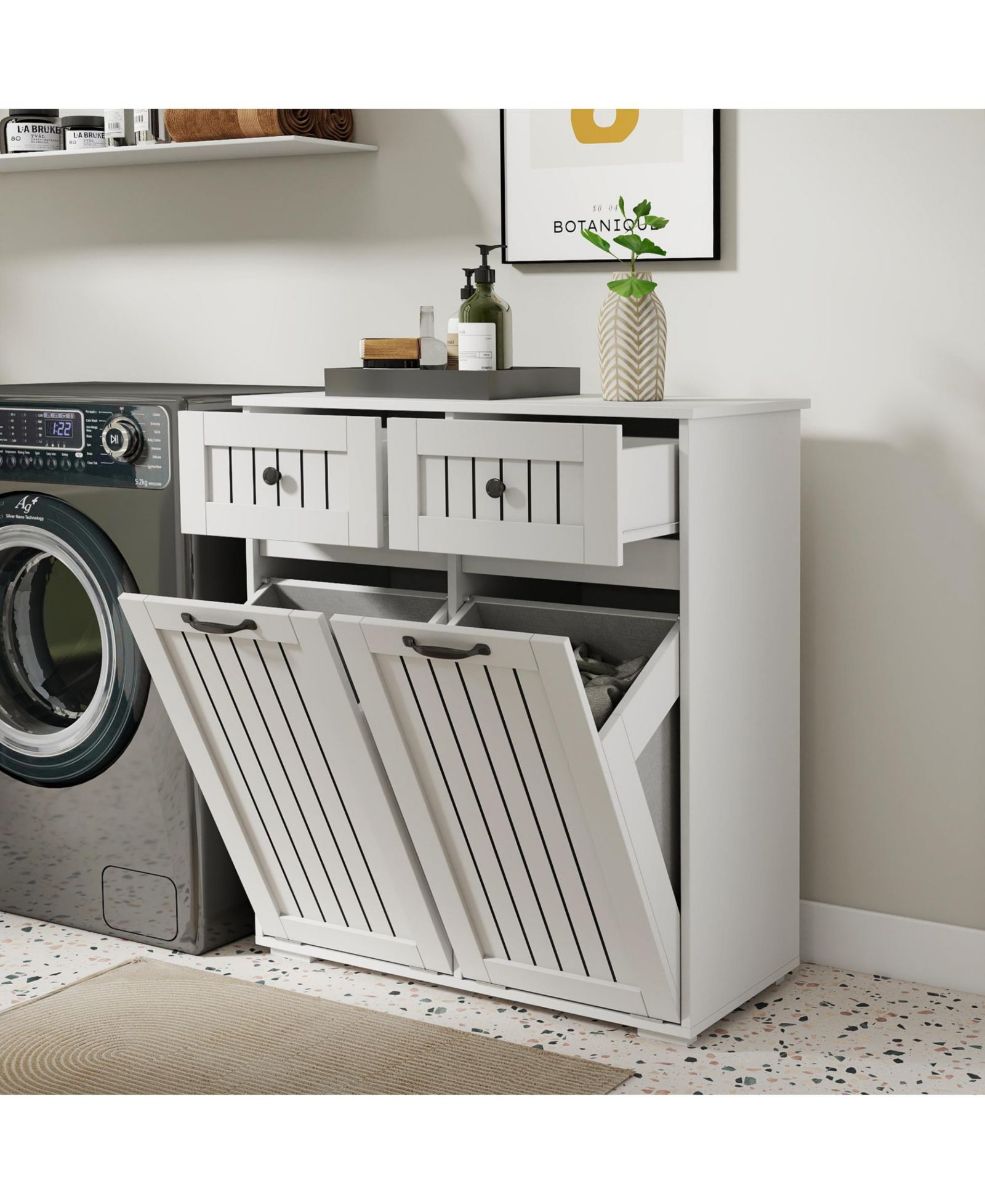 RAINSKEN Laundry Hamper Cabinet - Tilt Out Bathroom Storage Unit with 2 Removable Baskets, 2 Drawers for Easy Sorting & Storage